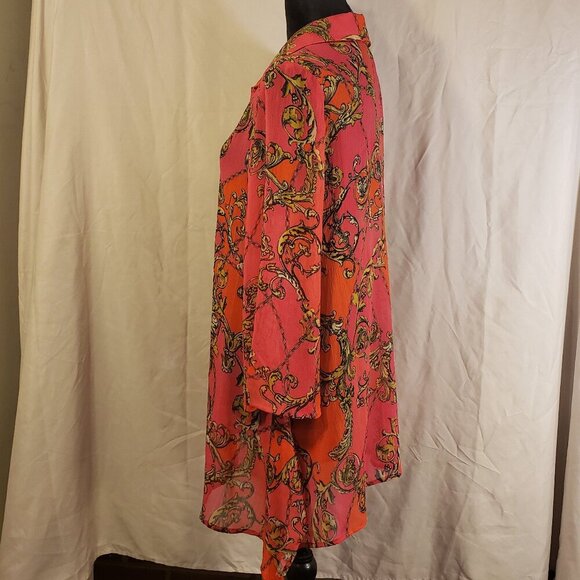 Women's New Directions Sheer Pink Orange and Gold Blouse - M - Picture 2 of 4